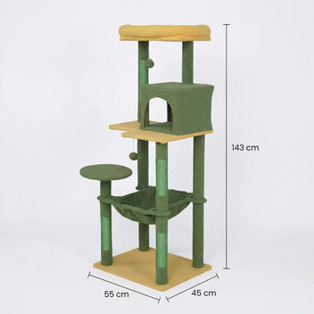 Kissan raapimispuu 143 cm – piiloluola, riippumatto, keltainen/vihreä