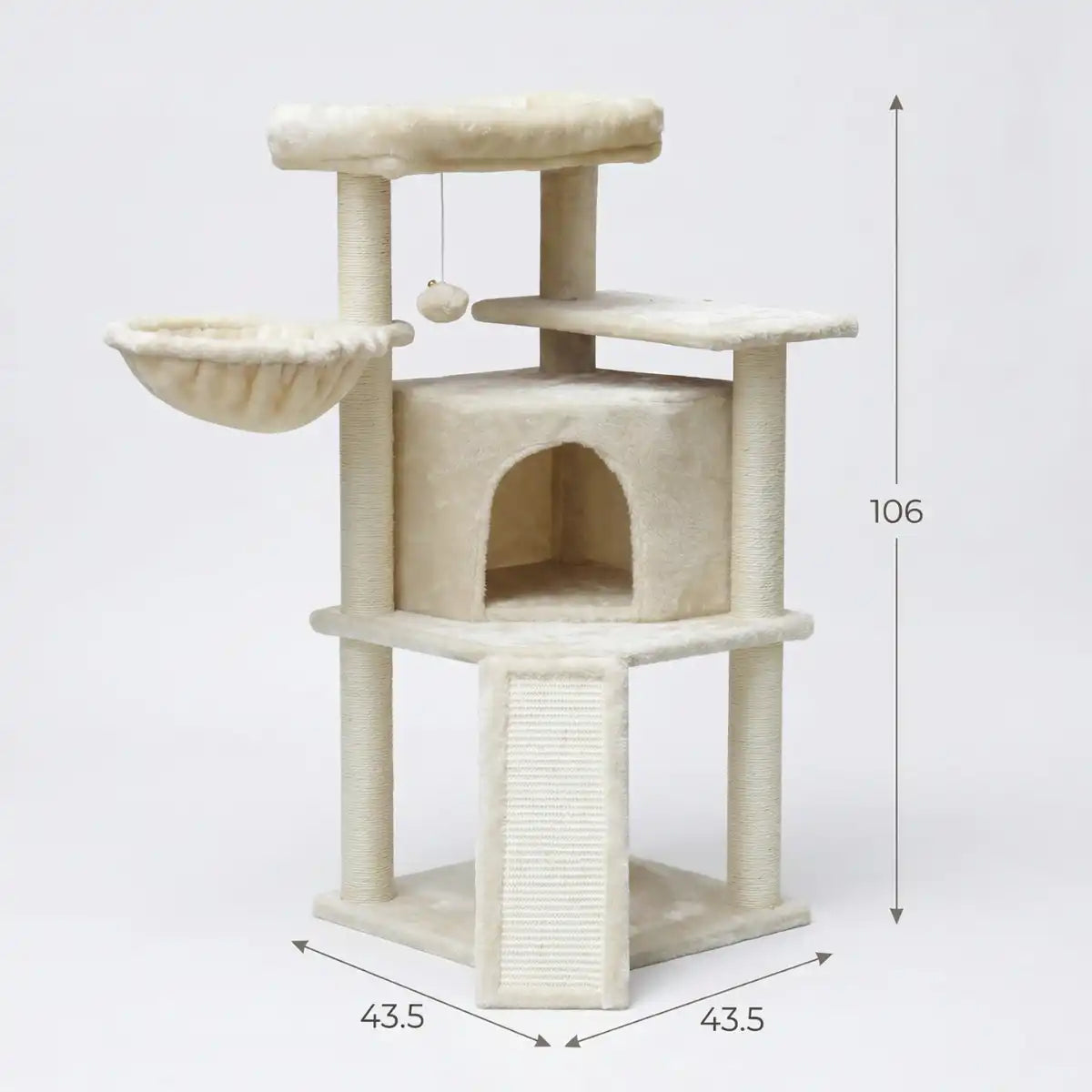 Kissan raapimispuu 106 cm – monitasoinen, riippupussi, 6,5 cm rungot, beige
