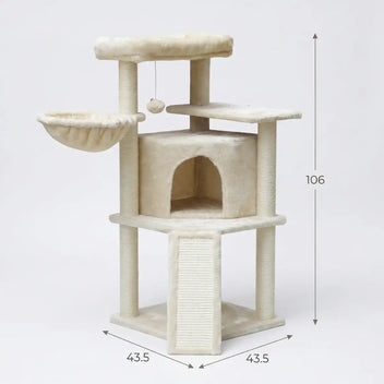 Kissan raapimispuu 106 cm – monitasoinen, riippupussi, 6,5 cm rungot, beige