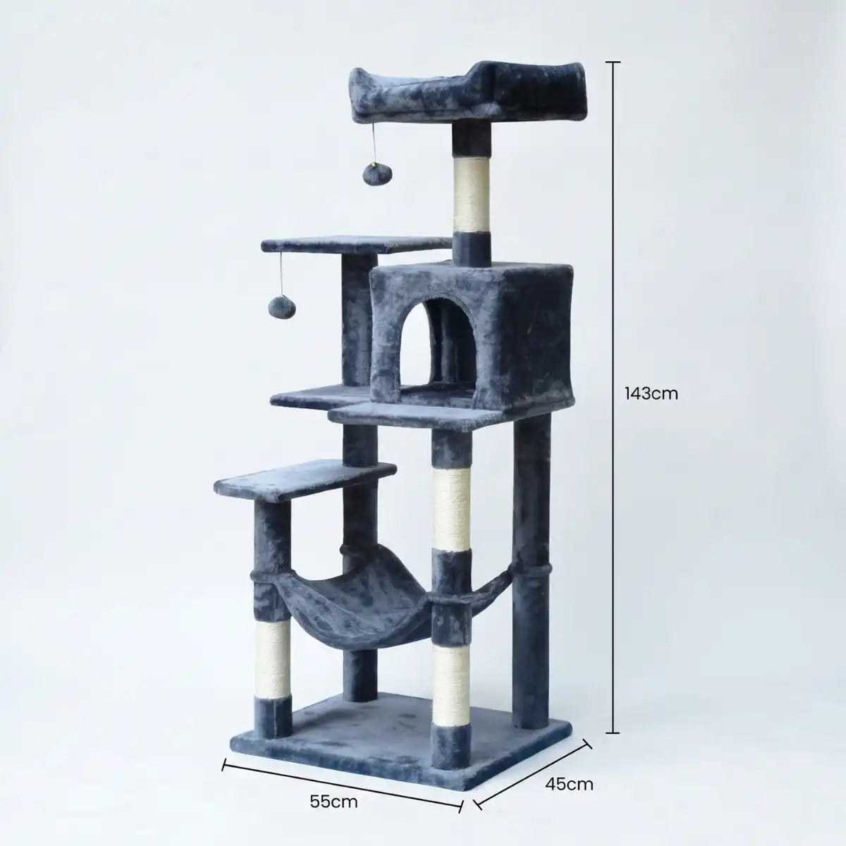 Kattklätterträd 143 cm – hus, hängmatta, 55 x 45 cm