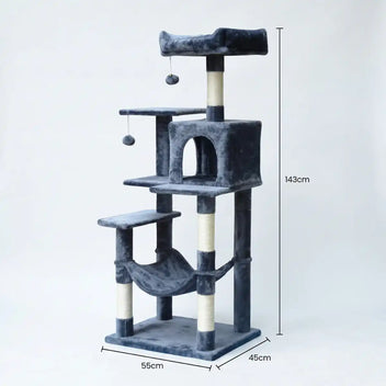 Kattklätterträd 143 cm – hus, hängmatta, 55 x 45 cm