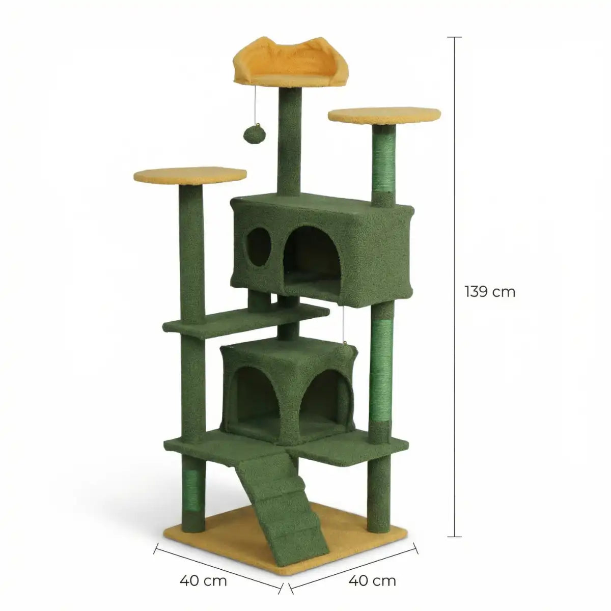 Kattklösbräda 139 cm – 2 hus, sisalstolpar, bollleksaker, gul/grön