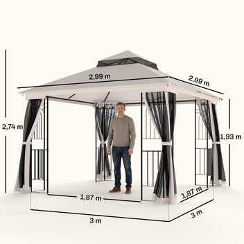 Paviljonki 3 x 3 m verkkoseinillä, kulmahyllyillä ja kattokoukulla, beige