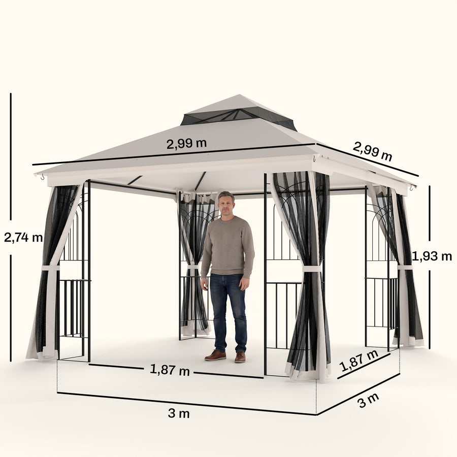 Paviljonki 3 x 3 m verkkoseinillä, kulmahyllyillä ja kattokoukulla, beige