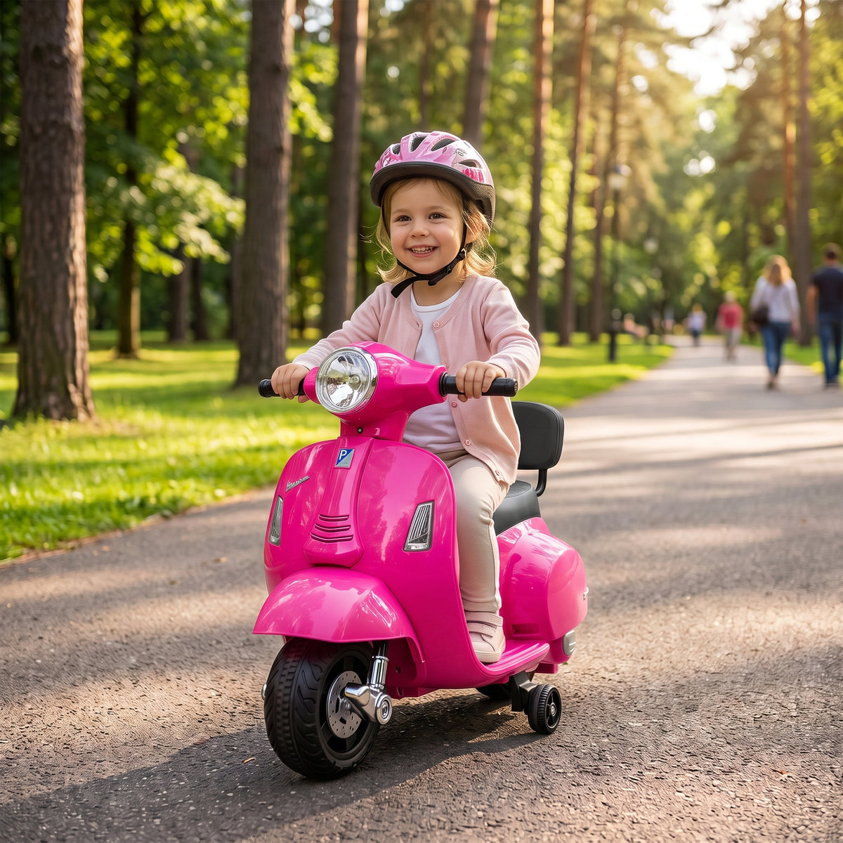 Lasten sähkömopo Mini Vespa GTS litiumakulla, selkänoja ja tukipyörät, 1,5–3 v, pinkki