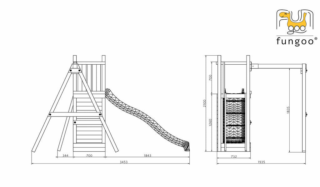 Fungoo Funny 3 leikkikeskus keinulla ja hiekkalaatikolla