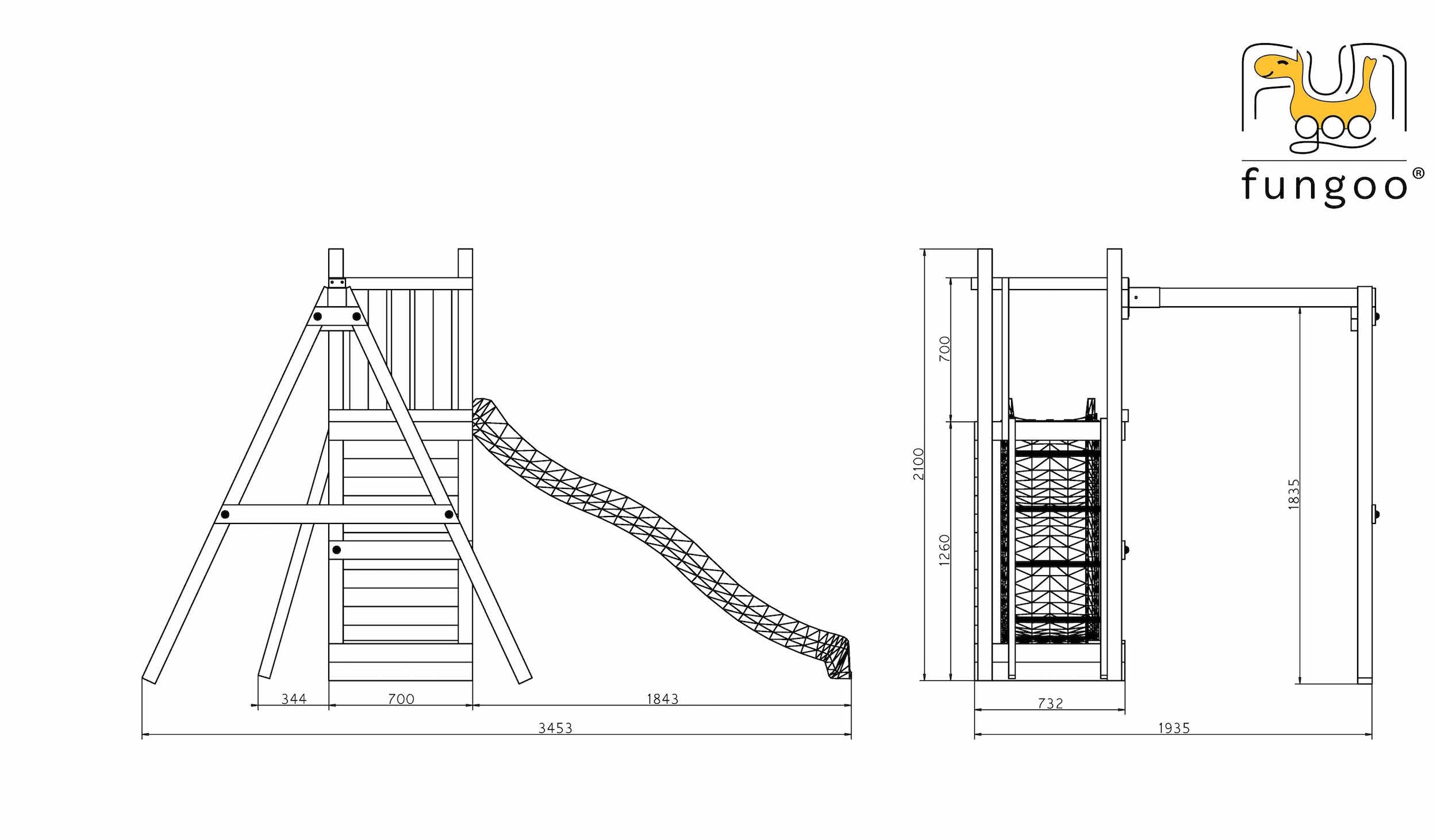 Fungoo Funny 3 leikkikeskus keinulla ja hiekkalaatikolla