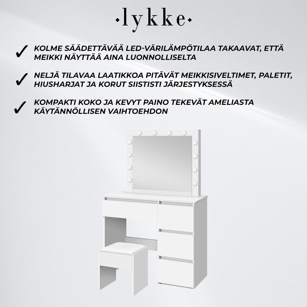 Lykke Meikkipöytä valolla Amelia 94cm, valkoinen