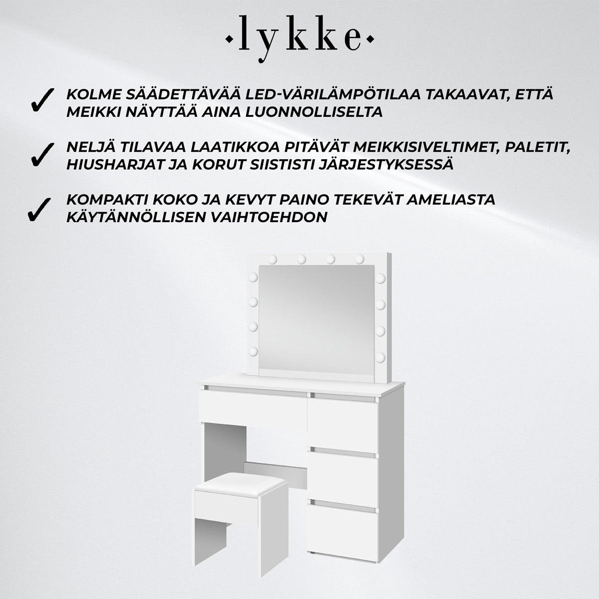 Lykke Meikkipöytä valolla Amelia 94cm, valkoinen