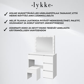 Lykke Meikkipöytä valolla Amelia 94cm, valkoinen