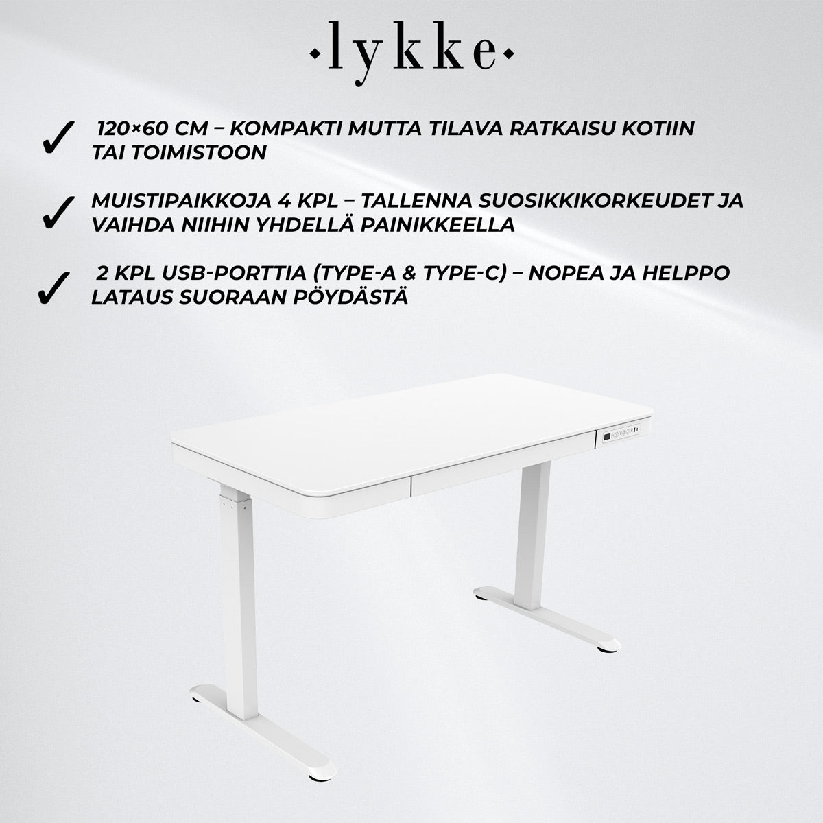 Lykke Sähköpöytä 120x60cm Polar, valkoinen