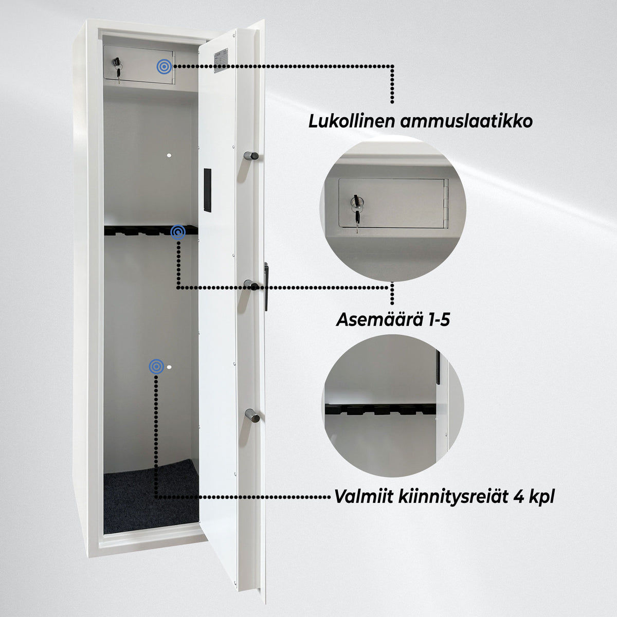 Trekker Asekaappi 5-asetta, valkoinen, sormenjälkilukolla