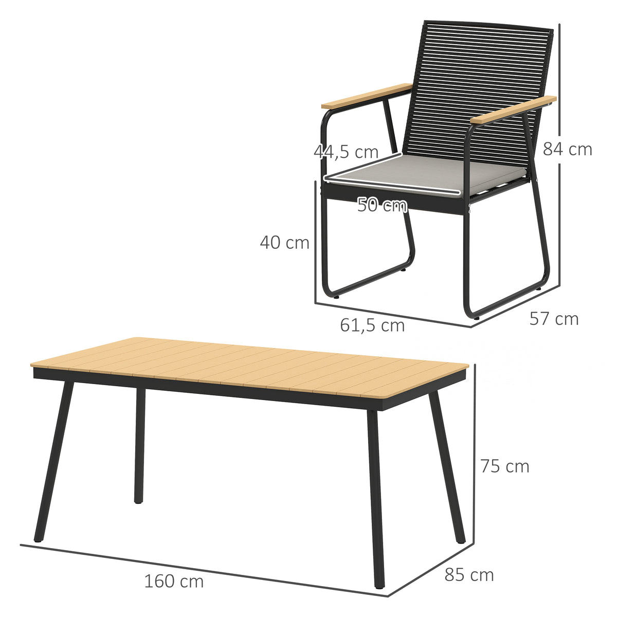 Ruokailuryhmä kuudelle rottinkiselkänojilla ja tyynyillä, 160 cm, luonnonpuu/musta