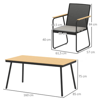 Ruokailuryhmä kuudelle rottinkiselkänojilla ja tyynyillä, 160 cm, luonnonpuu/musta