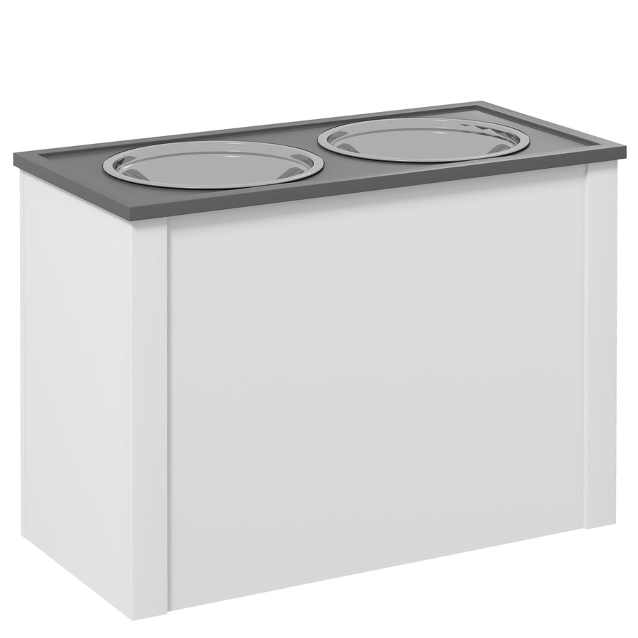 Koiran ruokintateline 30 l piilosäilytyksellä ja 2 RST-kupilla 2 l, 60 x 30 x 42 cm, valkoinen/harmaa