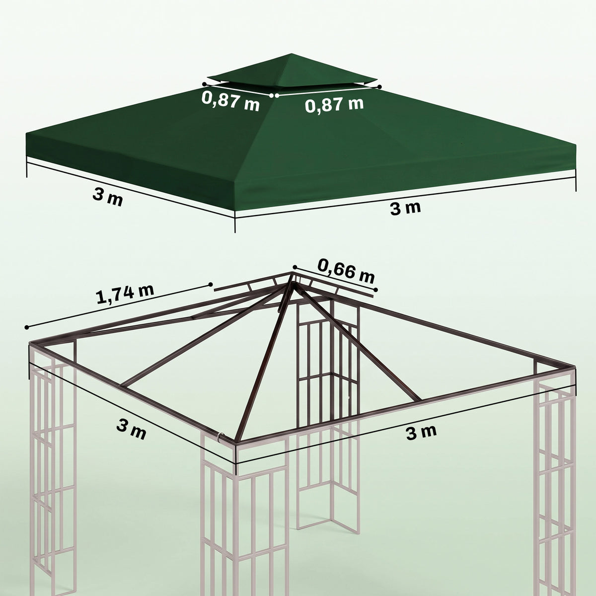 Varakatto 3 x 3 m paviljonkiin, kaksoiskatto, tummanvihreä