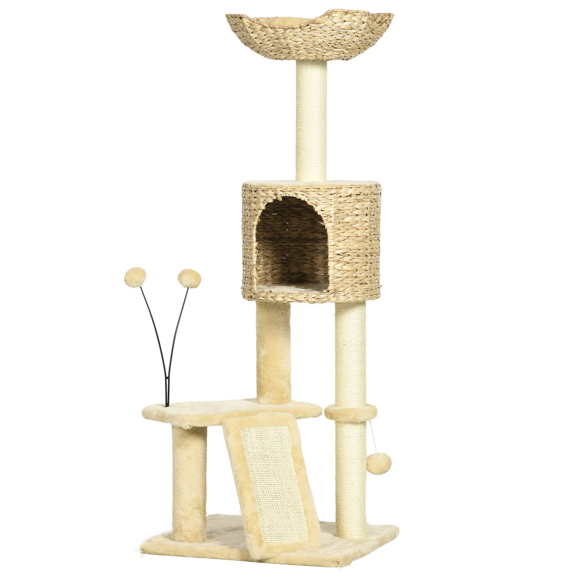 Kissan raapimispuu pesällä, pedillä ja raapimislaudalla, 116 cm, ruskea/beige