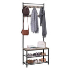 Eteiskaluste, naulakko kenkäpenkillä ja kenkätelineellä, 3-in-1-rakenne, teräsrunko, eteiseen, 32,5 × 70 × 175 cm, industrial-tyyli, greige ja musta