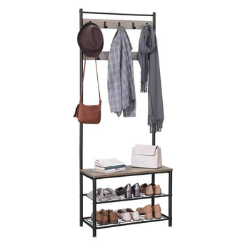 Eteiskaluste, naulakko kenkäpenkillä ja kenkätelineellä, 3-in-1-rakenne, teräsrunko, eteiseen, 32,5 × 70 × 175 cm, industrial-tyyli, greige ja musta