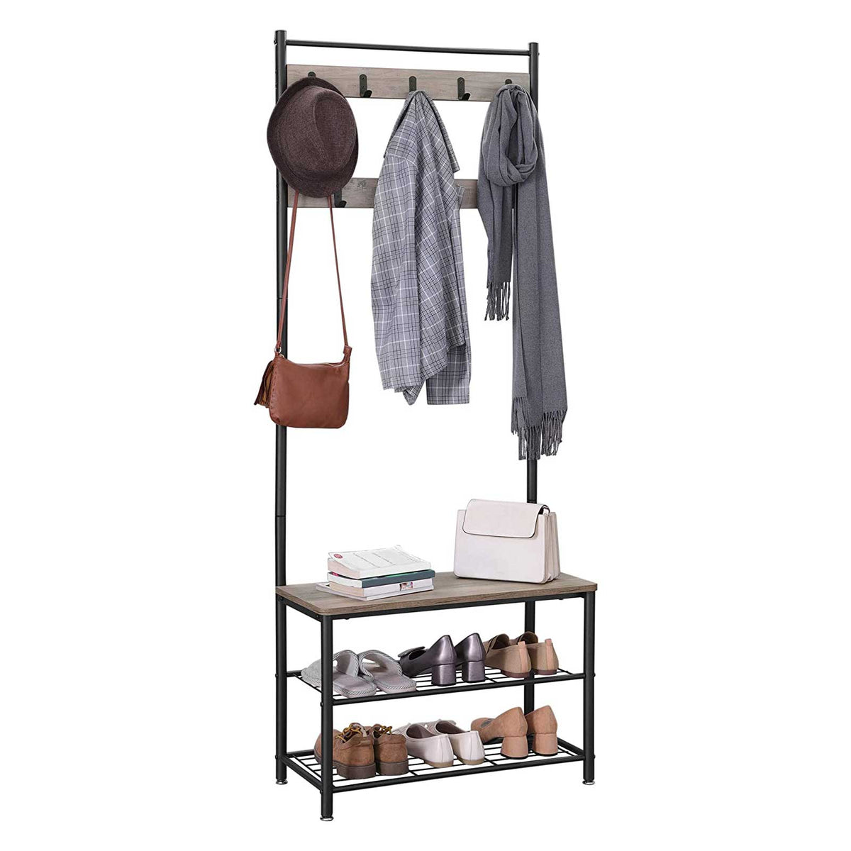 Eteiskaluste, naulakko kenkäpenkillä ja kenkätelineellä, 3-in-1-rakenne, teräsrunko, eteiseen, 32,5 × 70 × 175 cm, industrial-tyyli, greige ja musta