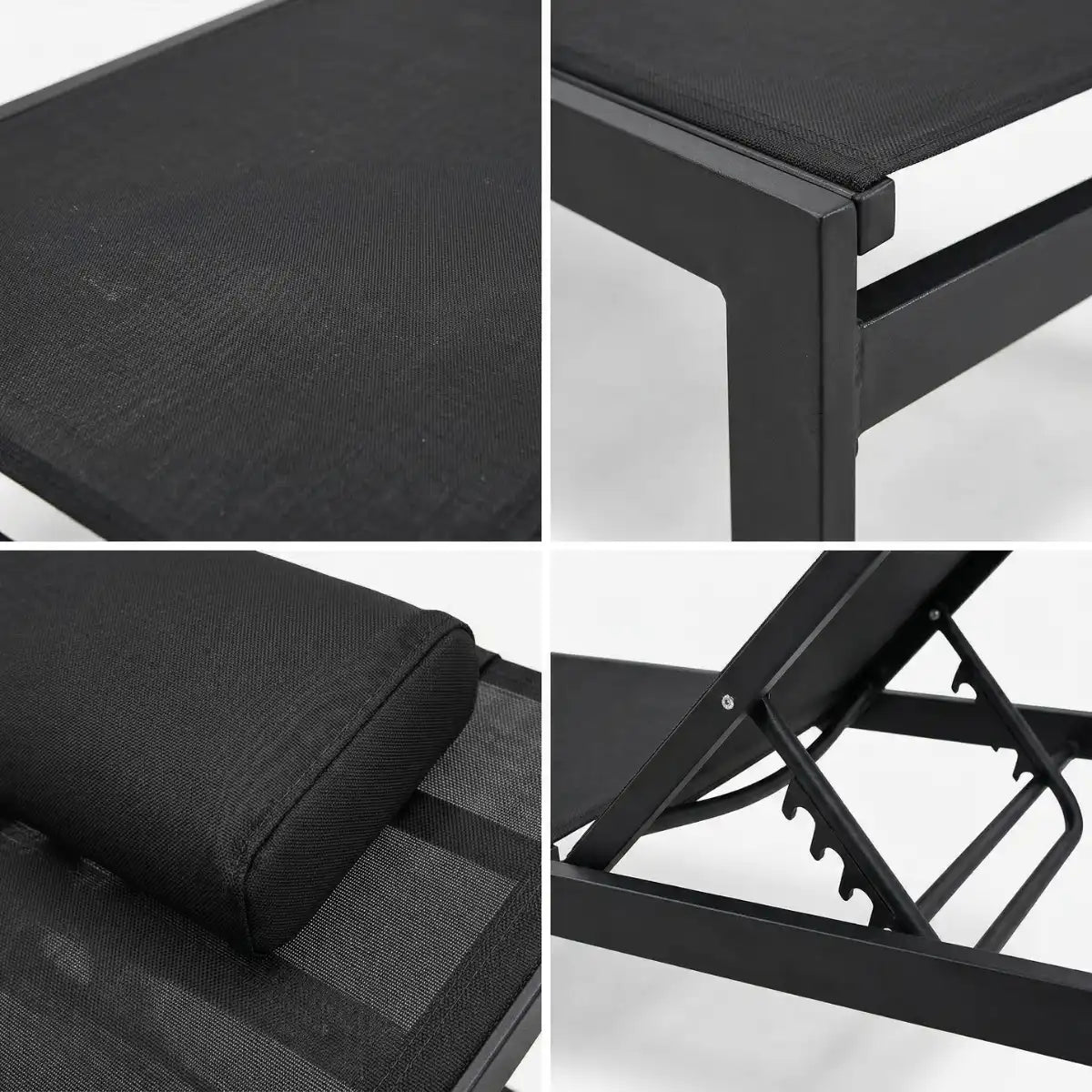 Solstol 195 x 65 x 35 cm – aluminiumram, textilene-tyg, nackkudde, svart