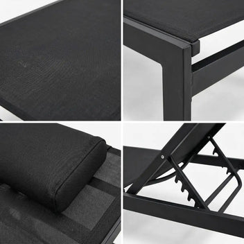 Solstol 195 x 65 x 35 cm – aluminiumram, textilene-tyg, nackkudde, svart