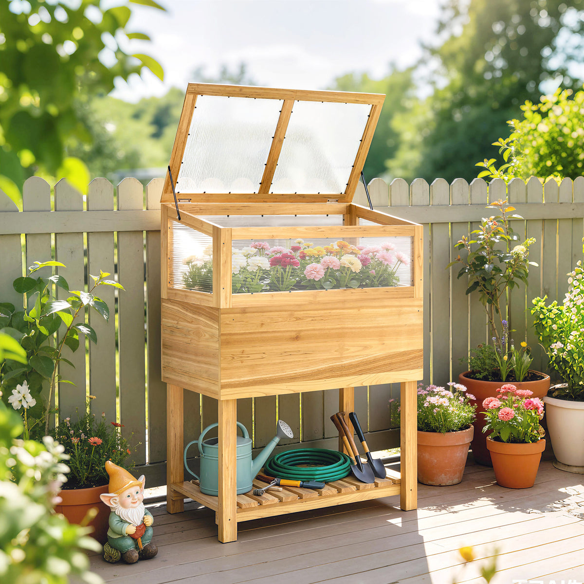 Korotettu kasvatuslaatikko polykarbonaattikannella ja alahyllyllä, 80 x 45 x 108,5 cm