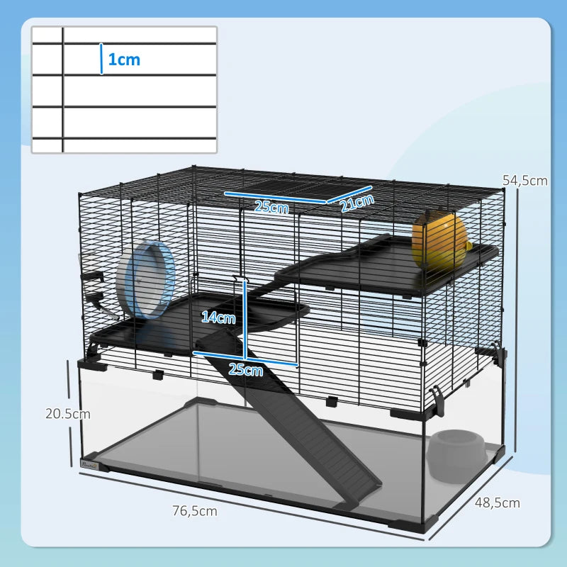 Hamsterbur med glasbotten – 4 våningar, 78,5 x 48,5 x 80 cm