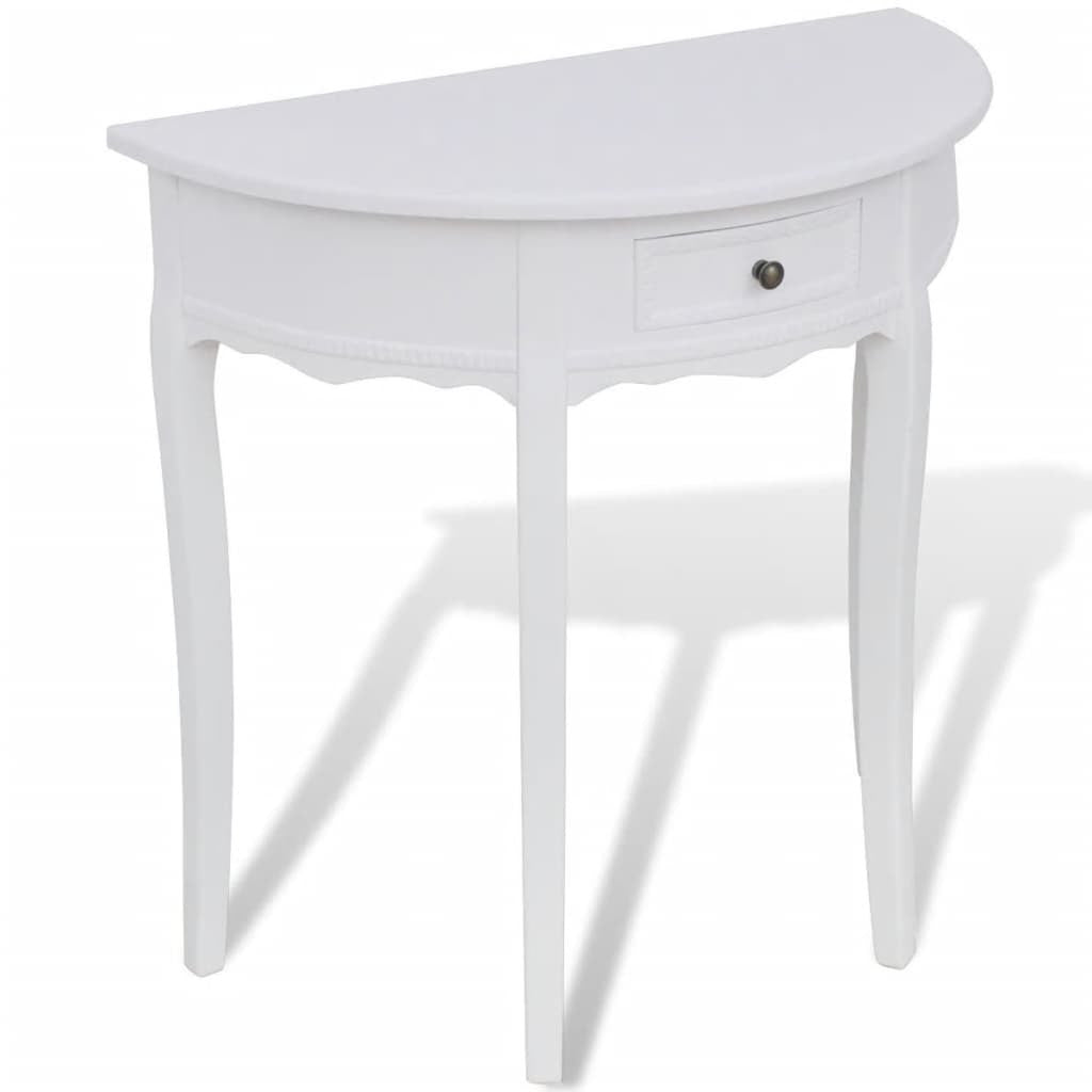 Halvcirkelformat sidobord med låda Vit