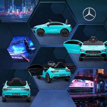 Lasten sähköauto Mercedes-AMG CLA 45, kaukosäädin, jousitus ja LED-valot, 3–6 v, vaaleansininen