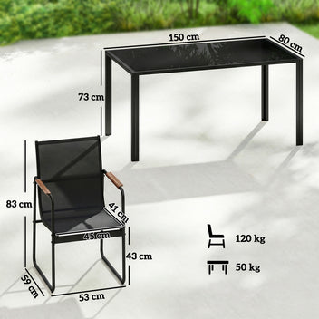 Ruokailuryhmä kuudelle lasipöydällä ja verkkotuoleilla, 150 x 80 cm, musta