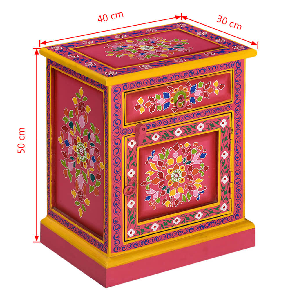 Sängbord, massivt mangoträ, handmålat rosa