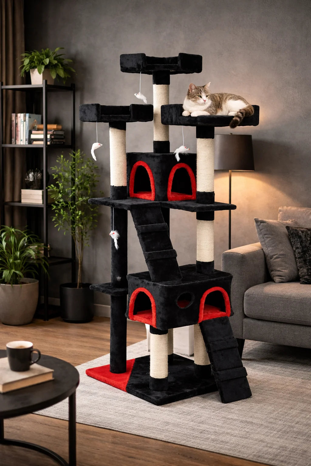 Kattklätterträd 170 cm – 2 grottor, 3 nivåer, 9 cm sisalstomme