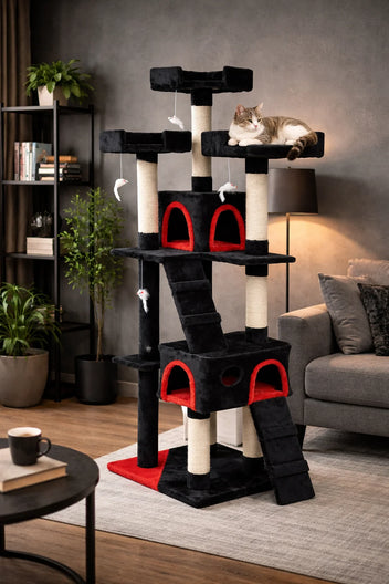 Kattklätterträd 170 cm – 2 grottor, 3 nivåer, 9 cm sisalstomme