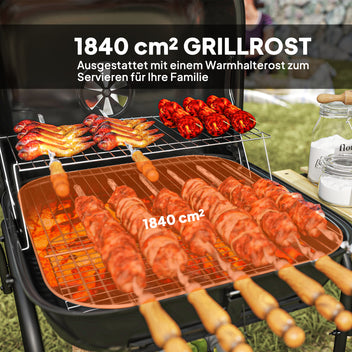 Siirrettävä hiiligrilli lukittavalla kannella, 1840 cm² ritilä, musta