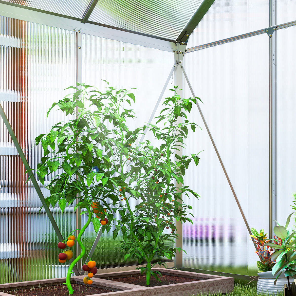 Alumiininen polykarbonaattikasvihuone perustuksella ja kattoikkunalla, 2,5 m², hopea