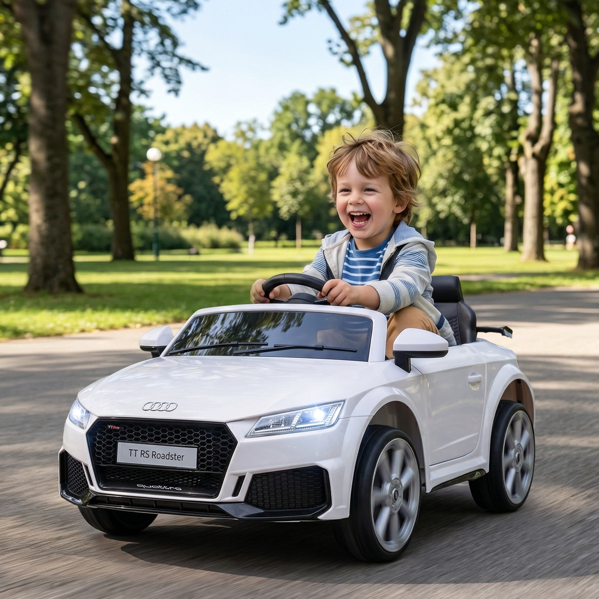 Lasten sähköauto Audi TT RS Roadster, kaukosäädin, musiikki ja LED, 3–5 v, valkoinen