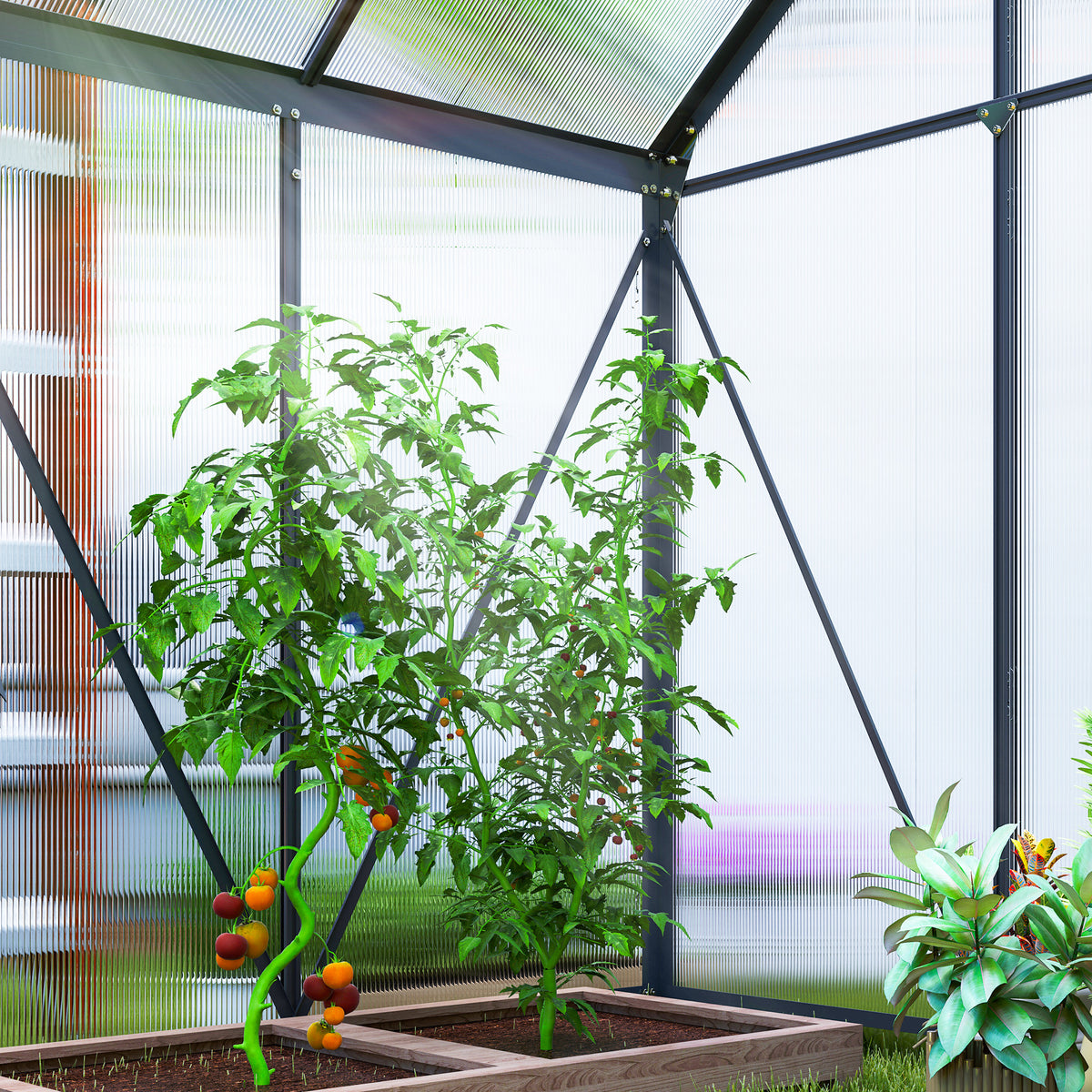 Alumiininen polykarbonaattikasvihuone perustuksella ja kattoikkunalla, 2,5 m², harmaa