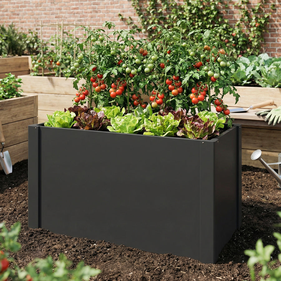 Syvä metallinen kasvatuslaatikko tukitangoilla ja hanskoilla, 102 x 52 x 55 cm, musta