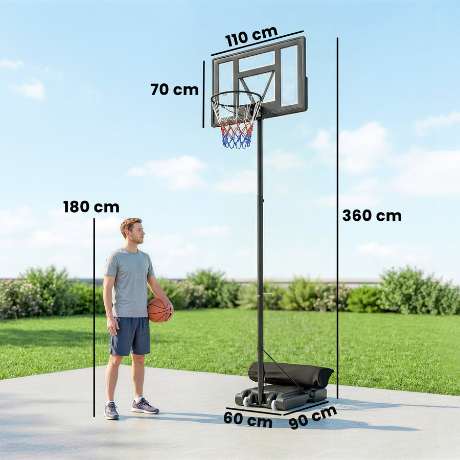 Koripalloteline kampisäädöllä, korin korkeus 135–305 cm, taulu 110 x 70 cm, musta