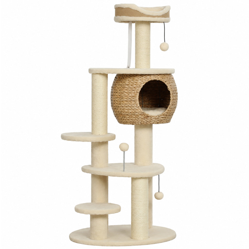 Kissan raapimispuu punotulla osmankäämipesällä, 132 cm, beige