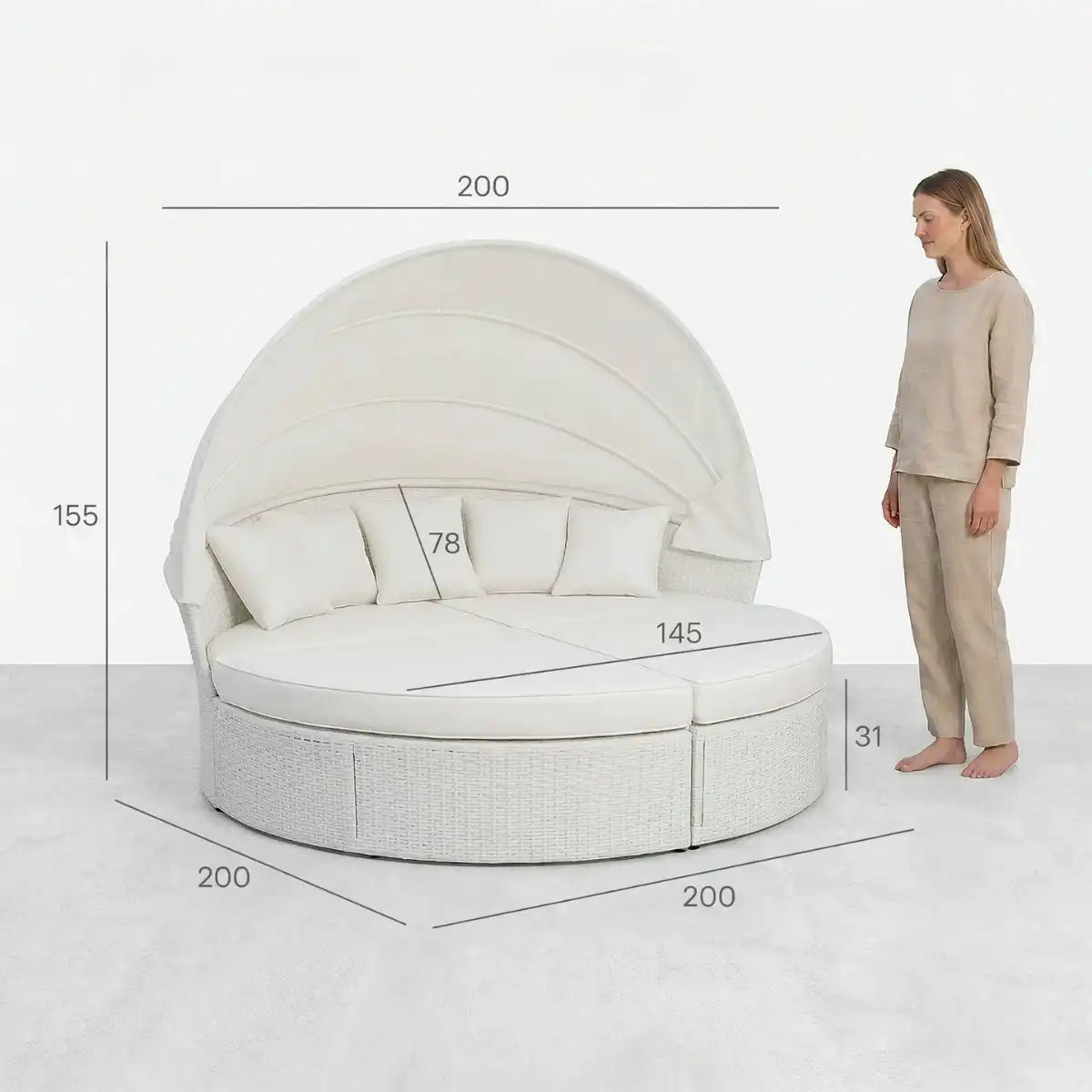 Aurinkovuode 200 cm – 3-osainen, polyrottinki, 8 cm pehmuste