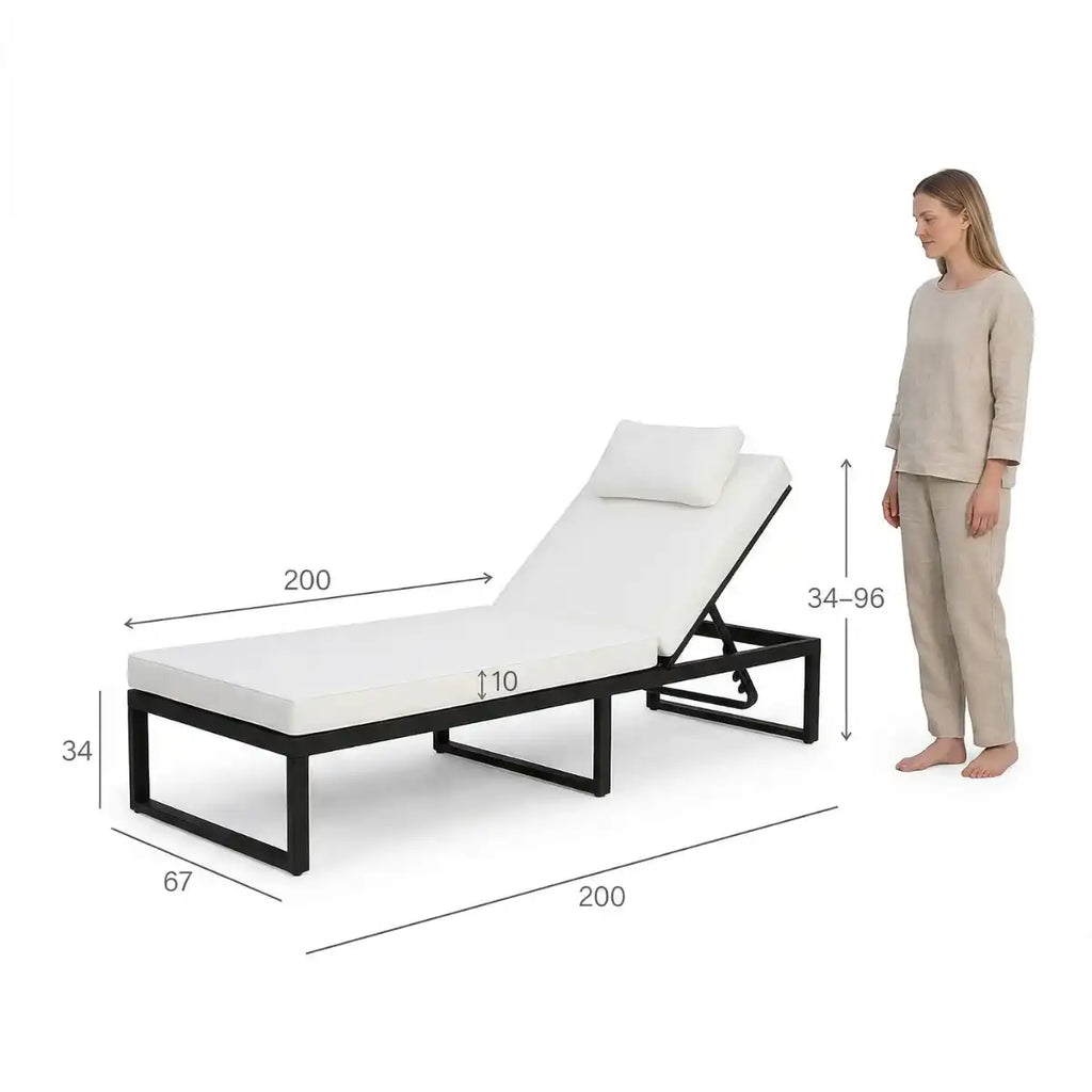 Aurinkotuoli 200 cm – säädettävä selkänoja, 10 cm pehmuste, teräsrunko, musta/beige