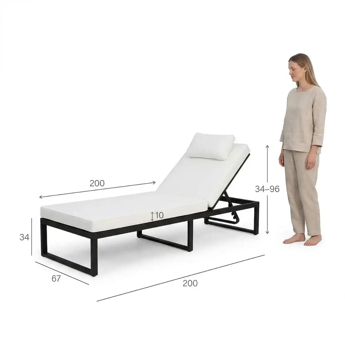 Solstol 200 cm – justerbart ryggstöd, 10 cm stoppning, stålram, svart/beige