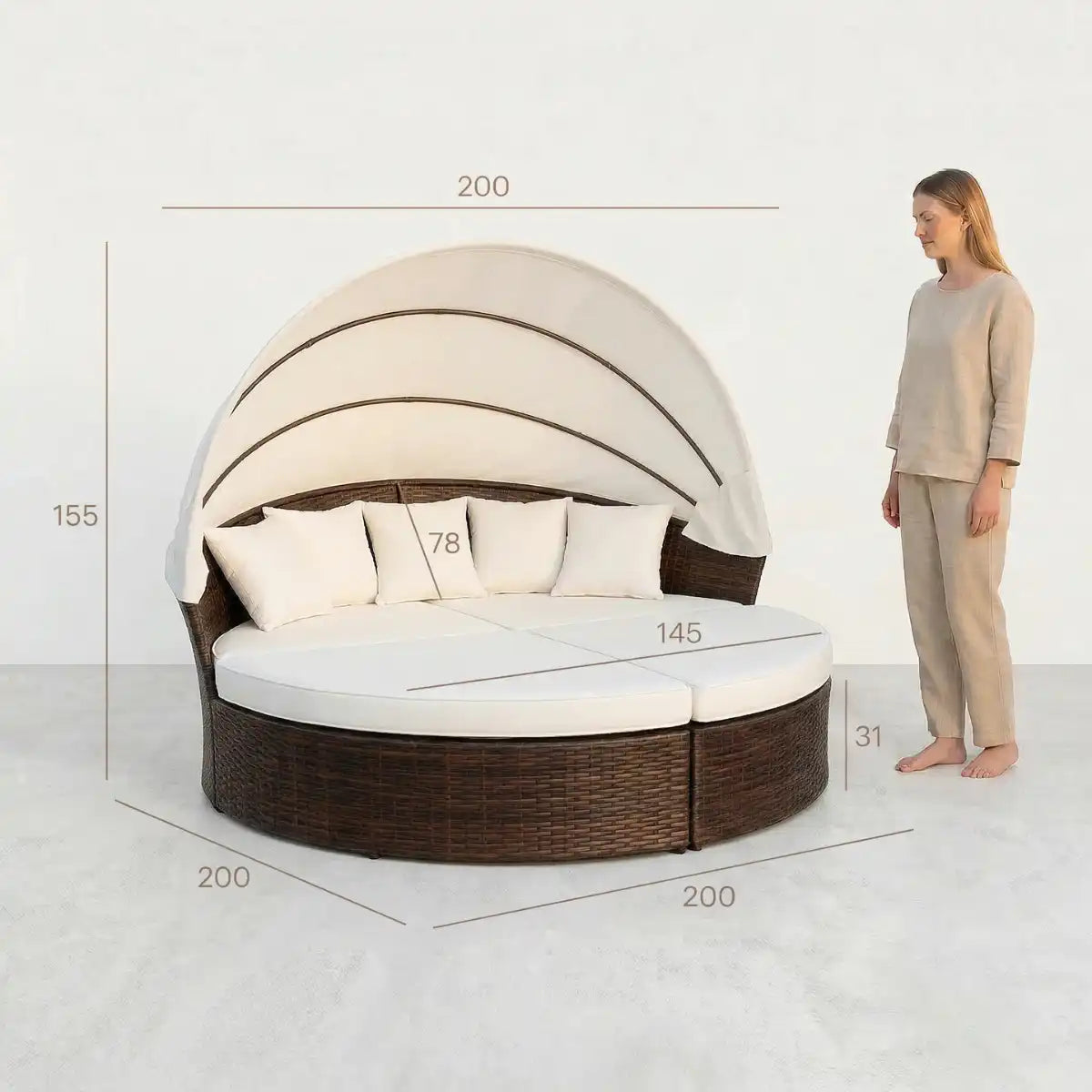 Solstol 200 cm – 3-delad, polyrotting, 8 cm stoppning, brun/beige