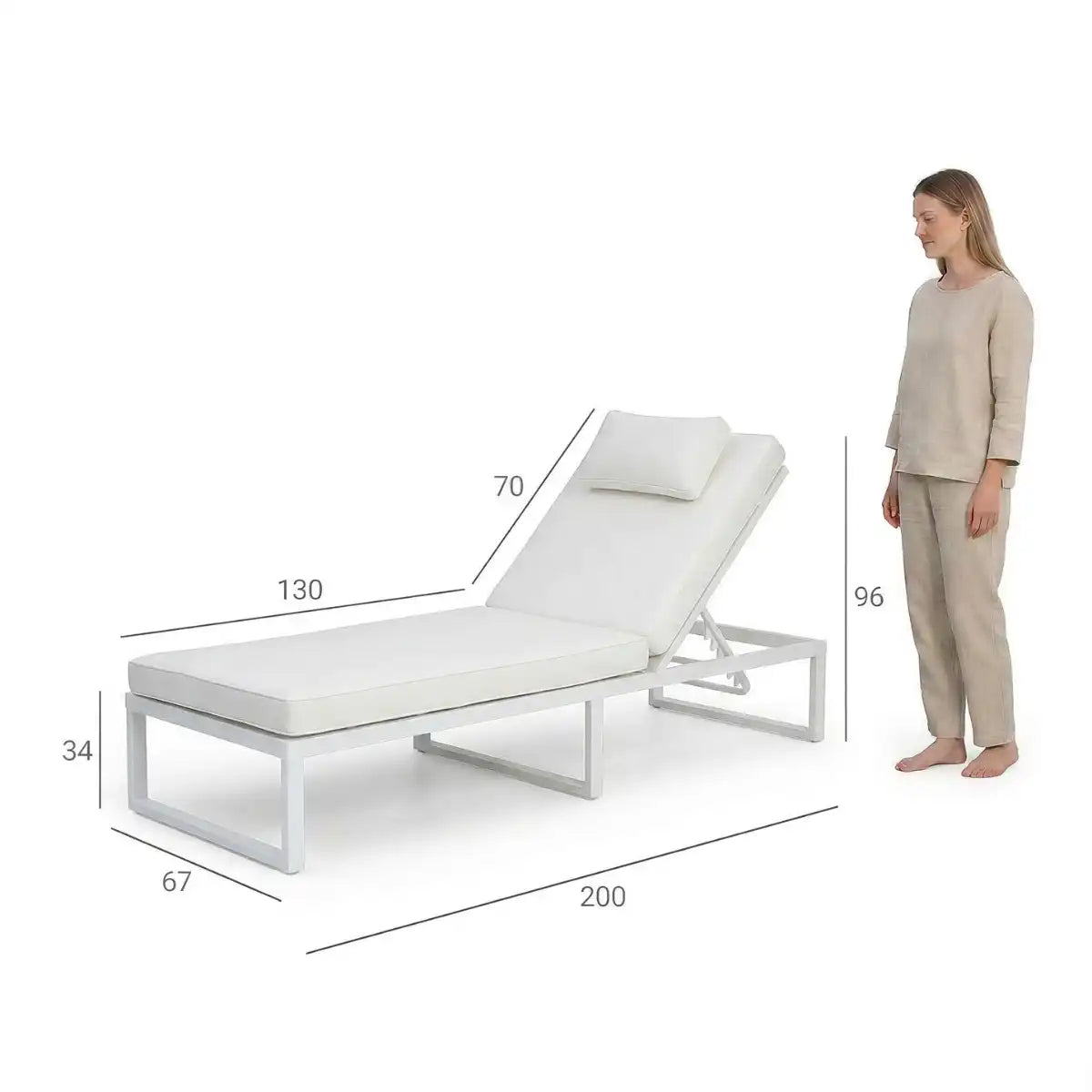 Solstol 200 cm – justerbart ryggstöd, 10 cm stoppning, stålram, vit/beige