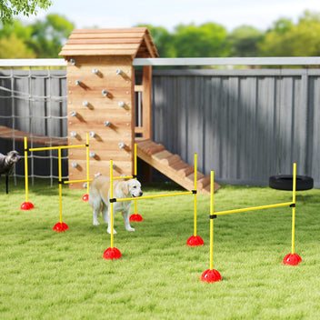 Koiran agility-hyppyesteet 4 kpl, korkeus 15–95 cm, täytettävät jalustat, kantolaukku, keltainen