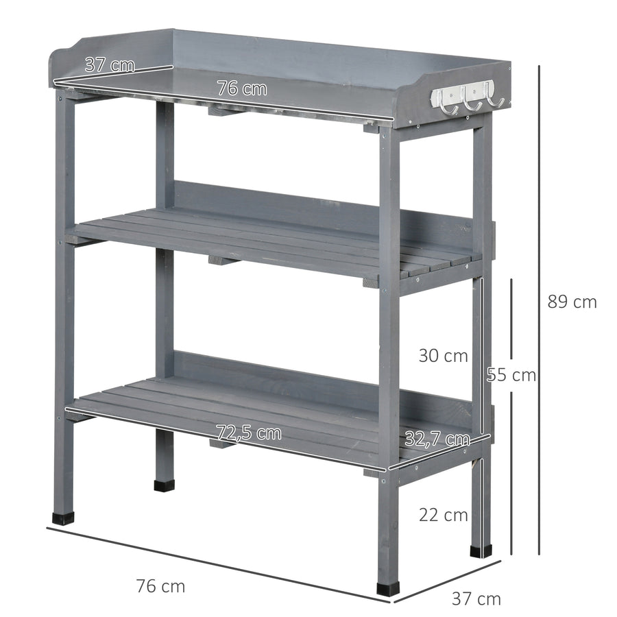 Puinen istutuspöytä metallikannella ja koukuilla, 76 x 37 x 89 cm, harmaa