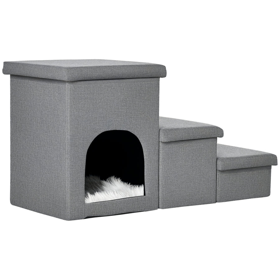 Lemmikin portaat petillä ja piilotetulla säilytystilalla, 10 kg asti, 73,5 x 33 x 40,5 cm, vaaleanharmaa