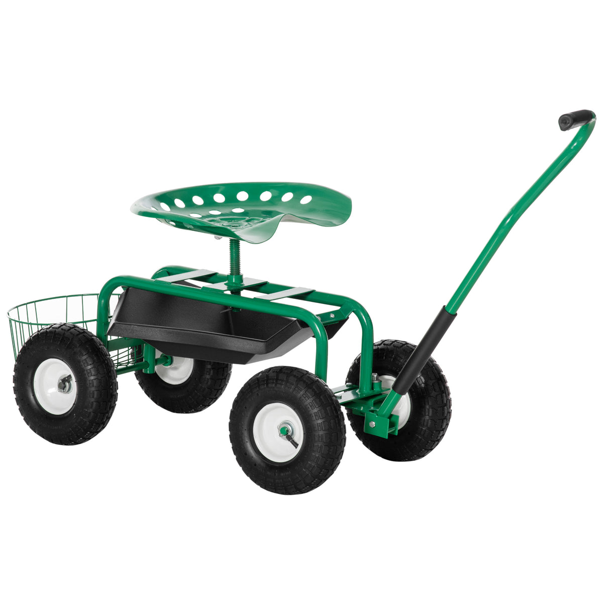 Puutarhavaunu istuimella, korkeussäädettävä 46–59 cm, kori ja hylly, ohjattava etupyörä, 150 kg, vihreä